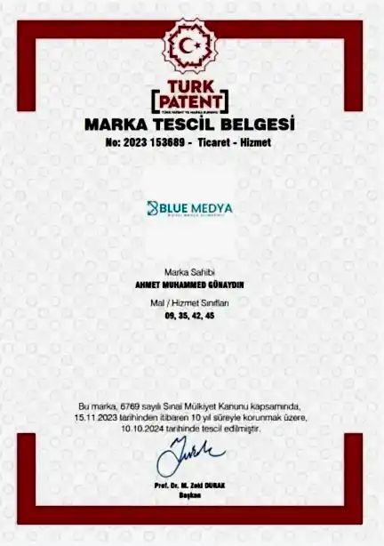 Blue Medya Türk Patent ve Marka Kurumu Resmi Tescil Belgesi